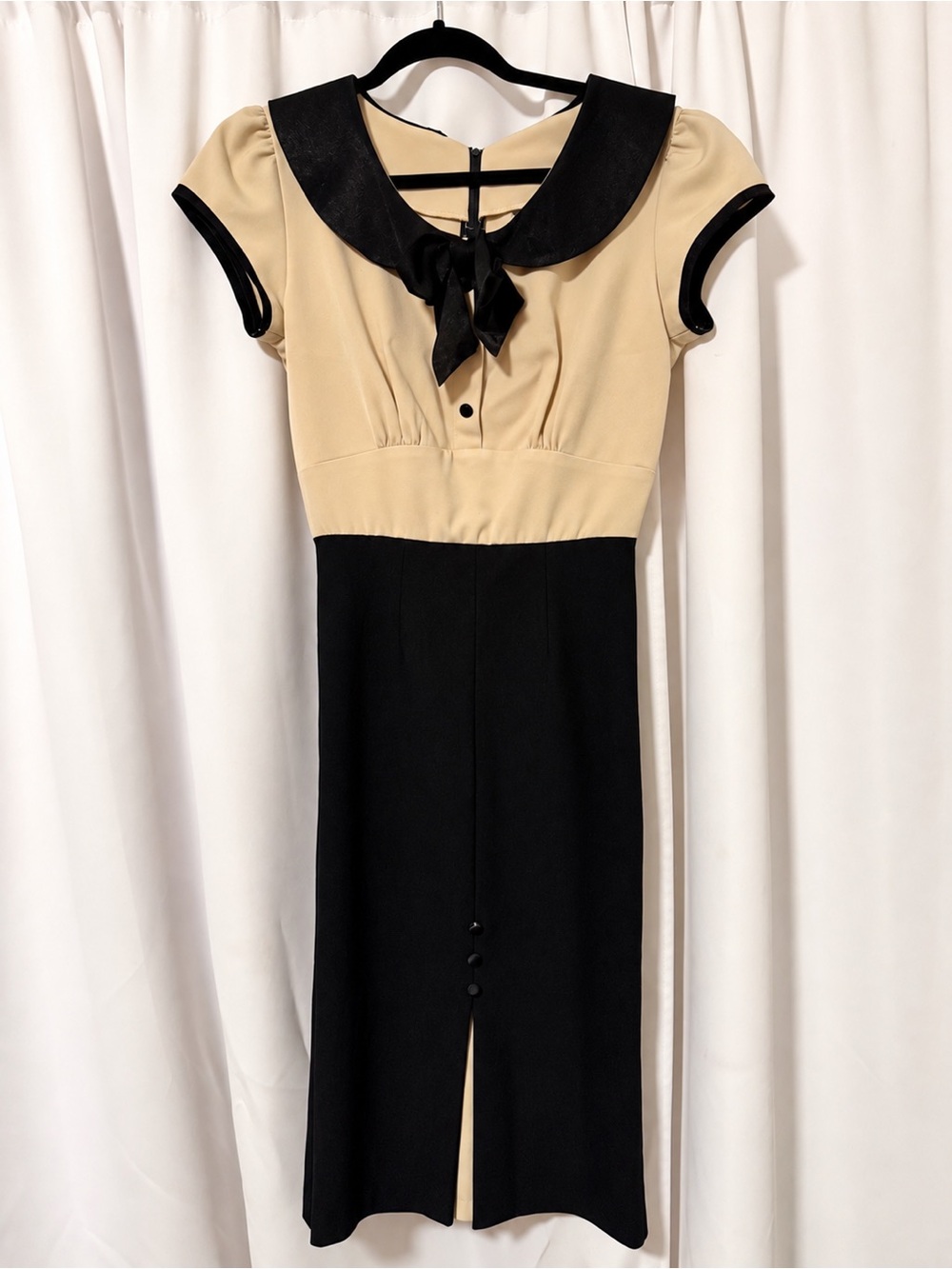 Stop Staring! Vintage Retro Black & Beige Wiggle Pencil Dress L Rockabilly